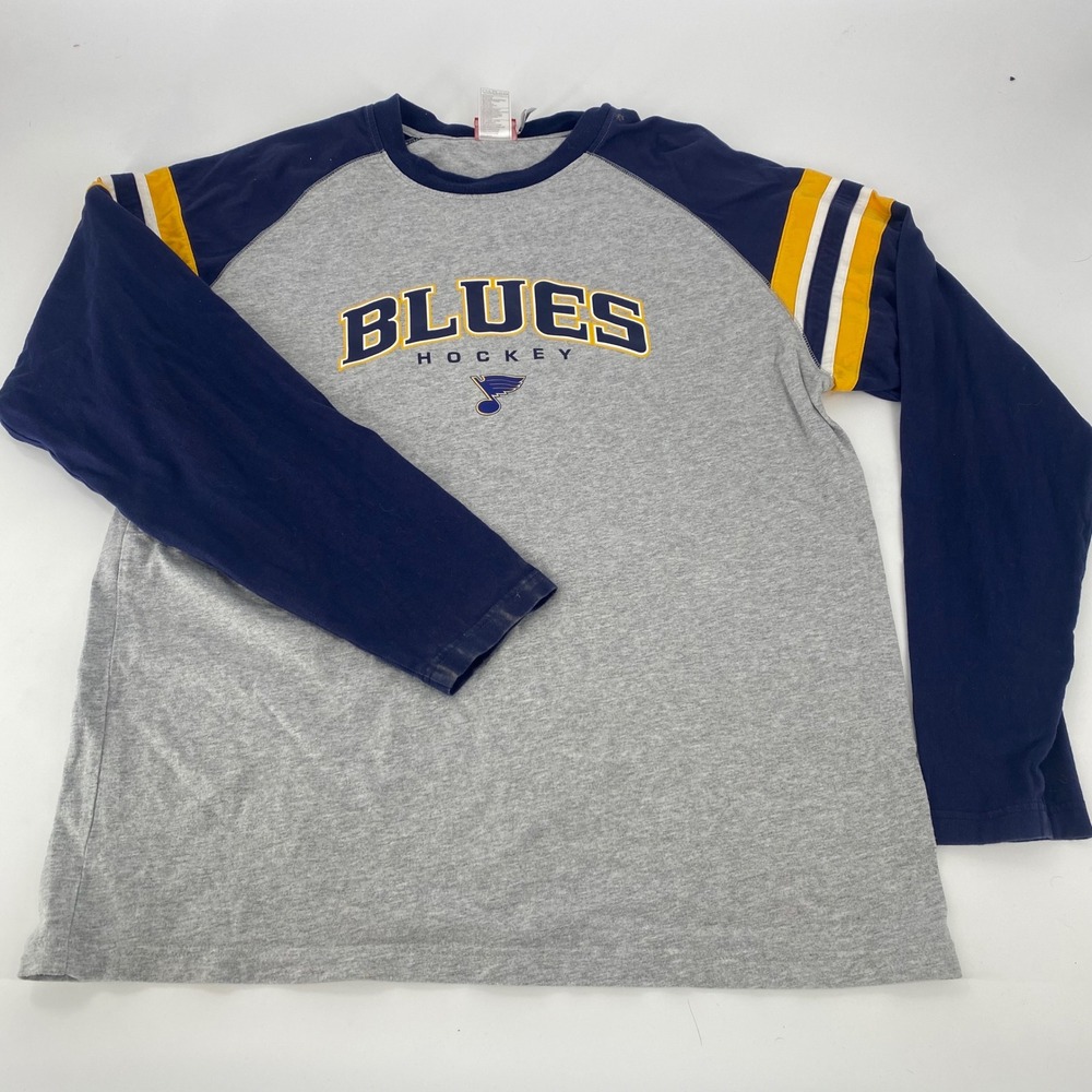 Mens St Louis Blues Hockey Raglan Long Sleeve Shirt‎ XL Gray Navy Yellow Stripes